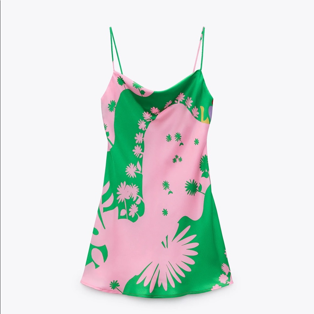 ZARA NEW WOMAN SHORT STRAPPY PRINTED SATIN DRESS - Picture 11 of 13